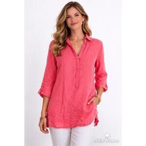 Chicos 100% Linen Tunic Top Red Coral Roll Tab Sleeve Lightweight Size 1